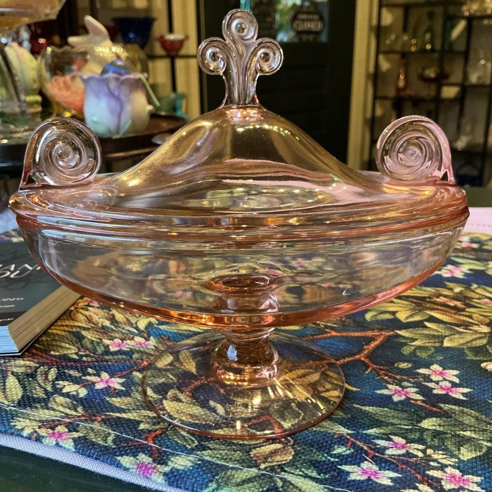 Fostoria Pink Scroll Oval Pedestal Candy Box & Lid Art Deco Antique